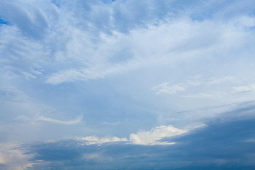 Background of white cumulus clouds on a blue sky at daylight. Telephoto zoom shoot