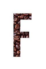 Stencil letter F on textured background of coffee bean