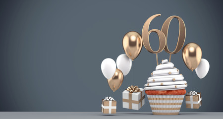 Number 60 gold birthday cupcake with balloons and gifts. 3D Render