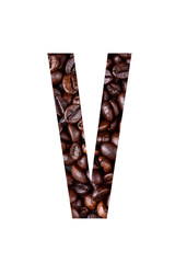 Stencil letter v on textured background of coffee bean