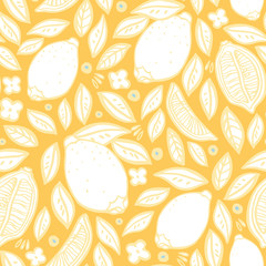 Tropical lemon pattern, orchard, citrus tree. Fruit, repeated background. Vector seamless print for fabric or wallpaper