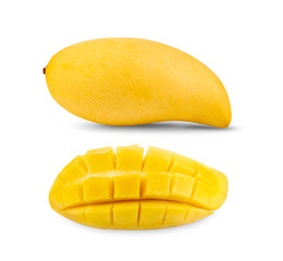 Mango slice cut to cubes isolated on white background.