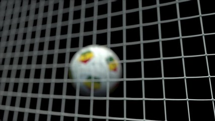 Ball with flags of Ghana hits goal. 3D animation
