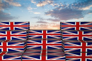 3D illustration Container terminal full of containers with flag of United Kingdom