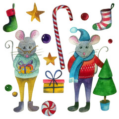 Big watercolor set of christmas decoration items: mice, sweets, gifts, tree, snowflake, stars, socks. Isolated on white background