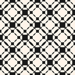 Vector grid seamless pattern, geometric texture with circles, squares, perforated surface. Monochrome illustration of mesh. Simple repeat black and white abstract background. Design for prints, decor
