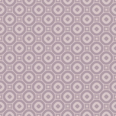 Vector geometric seamless pattern in trendy pastel colors, soft pink and pallid purple. Abstract texture with circles, rings, squares, dots. Simple modern background. Repeat decorative design element