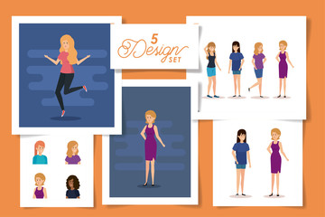 set five designs of young womens vector illustration design