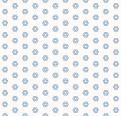 Vector geometric snowflakes seamless pattern. Abstract white and blue texture with small floral shapes, snow flakes. Simple minimalist winter holiday background. Stylish repeatable decorative design