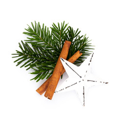 Pine cones and fir tree branch on a white background.