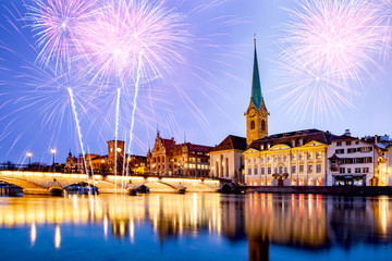 scenic view of historic Zurich city center with famous Fraumunster and Grossmunster Churches and river Limmat at Lake Zurich, Canton of Zurich, Switzerland