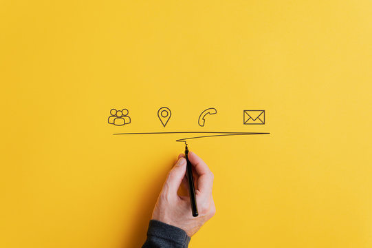Contact and communication icons on yellow background