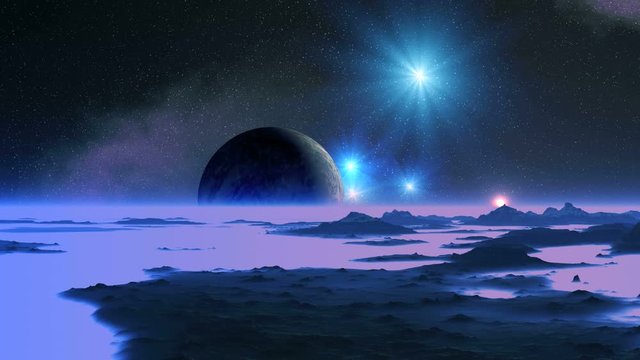 Dawn on the Blue Planet. In the dark sky nebulae, bright stars and a large moon. Over the hazy horizon bright sun slowly rises.  In the lowlands of thick purple fog. 
