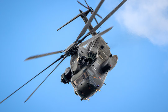 JAGEL, GERMANY - JUN 13, 2019: German Army Sikorsky CH-53 Stallion transport helicopter performing at the Tag der Bundeswehr.