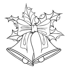Sprig of holly, ilex, mistletoe, berries, green aquifolium leaves. Bells with ribbon. Christmas New Year greeting card. Hand drawn. Vector illustration isolated on a white background. Coloring page.