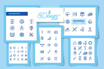 bundle with set five designs engineering and tools working vector illustration design