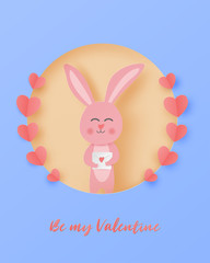 Valentines day greeting card with happy rabbit and love letter in paper cut style. Digital craft paper art valentine's day concept.