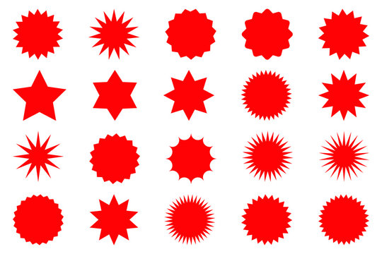 Set of red star or sun shaped sale stickers. Promotional sticky notes and labels.