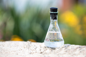 Pure water in a glass bottle on a background of green grass and flowers. Ecology concept.
