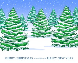 Obraz premium CHRISTMAS LANDSCAPE WITH CHRISTMAS TREES IN VECTOR