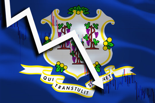 Connecticut US State background with waving flag white arrow and stocks chart fall down.