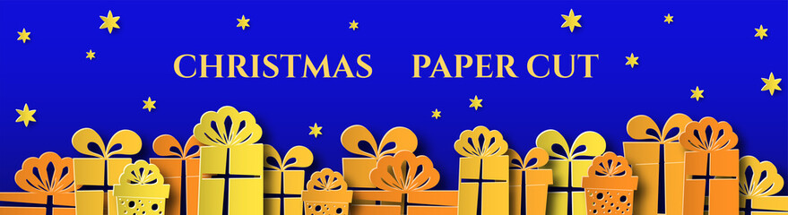 Horizontal banner with gifts, christmas balls. Design for advertising and social networks. Place for text. Paper cut.