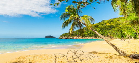 No Plastic written on a beautiful tropical beach under palms