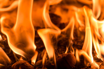 Fire flame burning glowing on black dark background, hot heat energy fuel fire motion pattern...