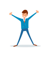 Man celebrating success, successful businessman flat vector style. Leader of company, boss with happy expression, cheerful chief executive jumping