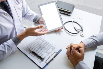 Doctor and patient are discussing consultation about symptom problem diagnosis of disease talk to the patient about medication and treatment method