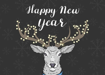 Fototapeta na wymiar Happy New Year. Banner with a deer and Christmas garlands