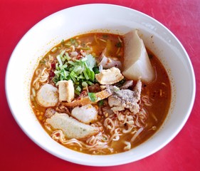 Tom Yum Noodle Soup, Thai food, Noodle soup on red table