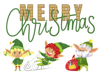 Fototapeta premium Merry christmas greeting card. Isolated dwarf with bag of candies wearing beard, kid riding on sledges. Blond child standing still. Calligraphic inscription and Santa Claus helpers, vector in flat