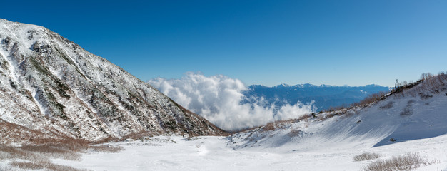 日本アルプス山脈の景色と雪原の山