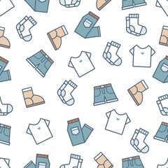 Various clothes, wool boots, jeans pants, shorts, socks, t-shirt. Minimalistic icons. Colorful graphic vector seamless pattern. Cartoon style, simple flat design. Trendy illustration. Pastel colors