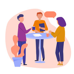Daily Scrum or Stand-up Scrum with Development team, Scrum Master, and Product Owner. Setting up prioritized worklist. Vector concept illustration.