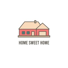 Fototapeta premium Home sweet home. Front, facade of house, building. Minimalistic logo. Colored graphic vector illustration. Cartoon style, simple flat design. Isolated icon on a white background