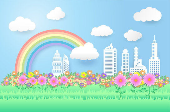 beautiful rainbow and flowers in the city scape , paper art style