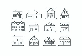 Real estate. Various houses and buildings. Minimalistic icons, logos. Graphic vector set. Cartoon style, simple flat design. Trendy illustration. Every icon is isolated on a white background
