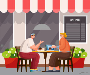 Two people have lunch outdoor. Summer area of cafe on street. Man and woman sit at table, talk and eat cupcakes. Modern exterior design of coffeehouse, menu board on wall, vector illustration in flat