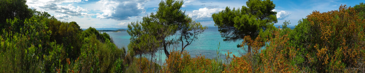 Fototapeta na wymiar Seaside in Greece with beautiful rocks, Halkidiki, Sarti,panorama