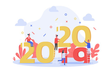 concept of new year two thousand twenty celebrated with tiny people and large gifts, flat vector illustration for web, landing page, ui, banner, editorial, mobile app and flyer.