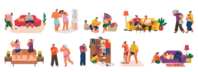 Collection of couples activities. Set of isolated pairs at home. Man and woman in bathroom, fighting with pillows or shopping together. Male and female cleaning at house, having fun. Vector in flat