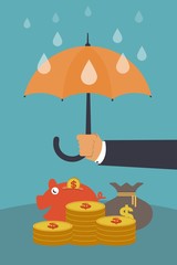 Businessman holding umbrella to protect currency concept. Avoid financial risks and secure investments. Financial savings, wealth management