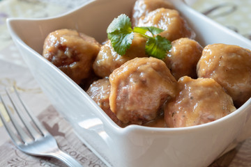Homemade pork meat dumplings in onion sauce over white bowl