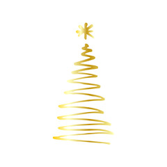  Single hand drawn golden christmas tree for greeting cards, posters, comics design. Isolated on white background. Doodle vector illustration.