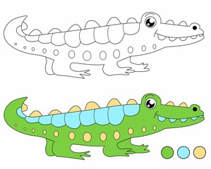 Educational children game - coloring picture for example. Isolated vector wild animal - cute crocodile.