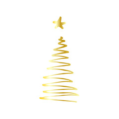  Single hand drawn golden christmas tree for greeting cards, posters, comics design. Isolated on white background. Doodle vector illustration.