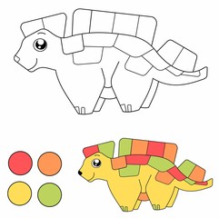 Educational children game - coloring picture for example. Isolated vector cartoon character -  cute yellow dinosaur. 