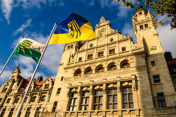 New City Hall Neues Rathaus with flag of Leipzig in front of building in historical part of Leipzig, Germany. 2019